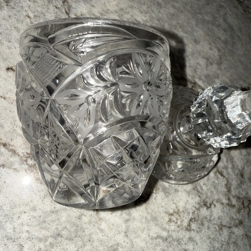 Vintage Clear Cut Glass Covered Sugar Bowl Candy Dish W lid 7 In Floral Etched